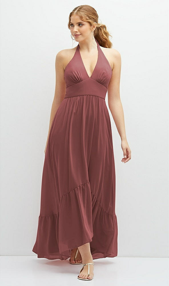 Front View - English Rose Chiffon Halter High-Low Dress with Deep Ruffle Hem