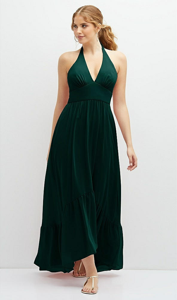 Front View - Evergreen Chiffon Halter High-Low Dress with Deep Ruffle Hem