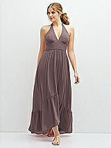 Front View Thumbnail - French Truffle Chiffon Halter High-Low Dress with Deep Ruffle Hem