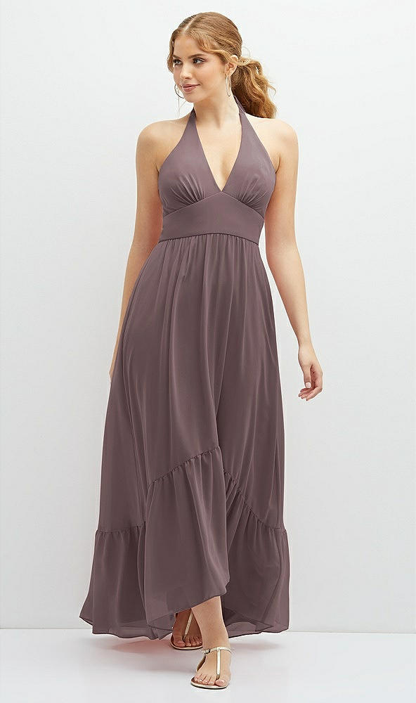 Front View - French Truffle Chiffon Halter High-Low Dress with Deep Ruffle Hem