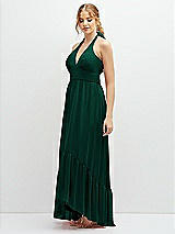 Side View Thumbnail - Hunter Green Chiffon Halter High-Low Dress with Deep Ruffle Hem