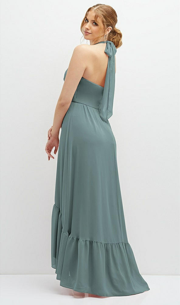 Back View - Icelandic Chiffon Halter High-Low Dress with Deep Ruffle Hem