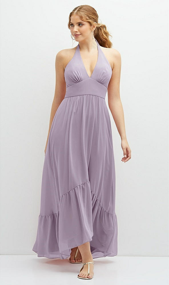 Front View - Lilac Haze Chiffon Halter High-Low Dress with Deep Ruffle Hem