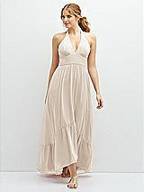 Front View Thumbnail - Oat Chiffon Halter High-Low Dress with Deep Ruffle Hem