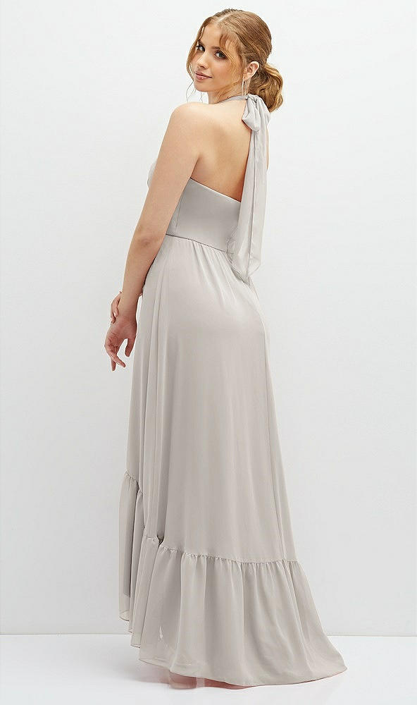 Back View - Oyster Chiffon Halter High-Low Dress with Deep Ruffle Hem