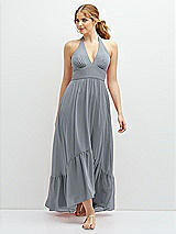 Front View Thumbnail - Platinum Chiffon Halter High-Low Dress with Deep Ruffle Hem