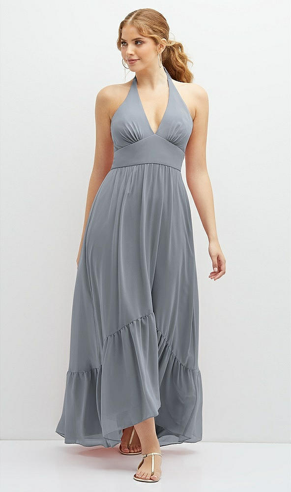 Front View - Platinum Chiffon Halter High-Low Dress with Deep Ruffle Hem