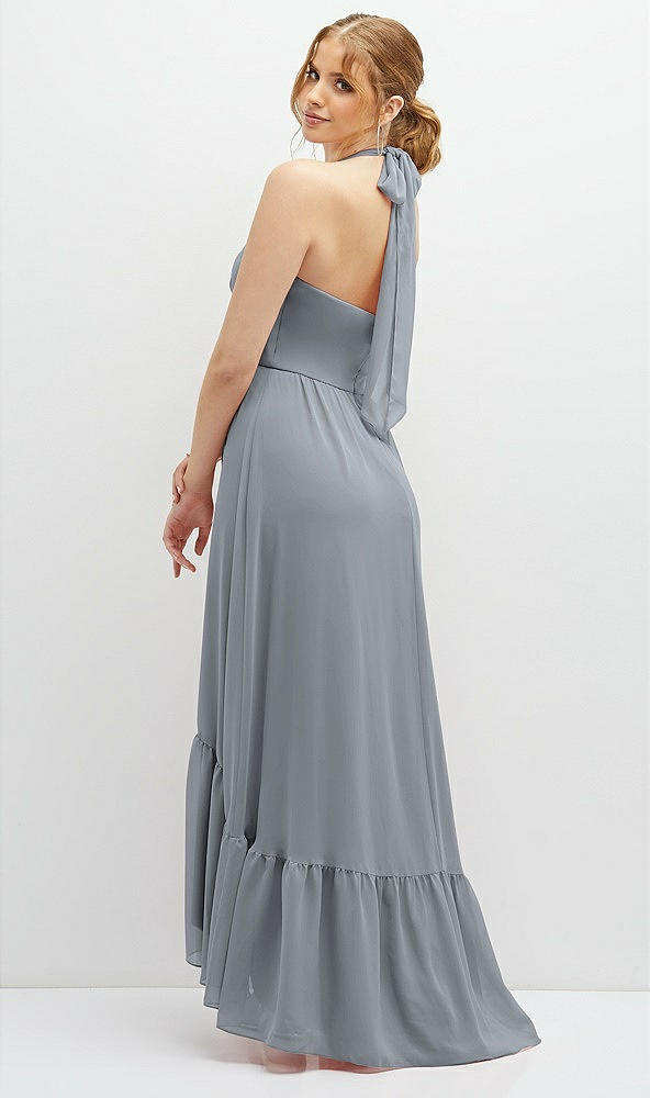 Back View - Platinum Chiffon Halter High-Low Dress with Deep Ruffle Hem