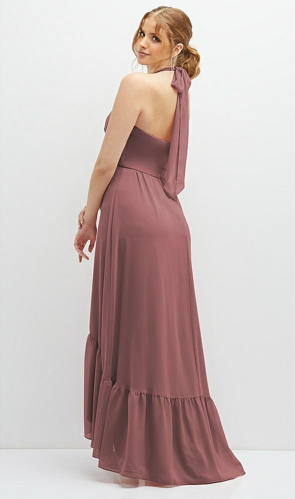 Back View - Rosewood Chiffon Halter High-Low Dress with Deep Ruffle Hem