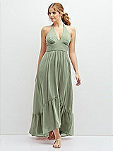 Front View Thumbnail - Sage Chiffon Halter High-Low Dress with Deep Ruffle Hem