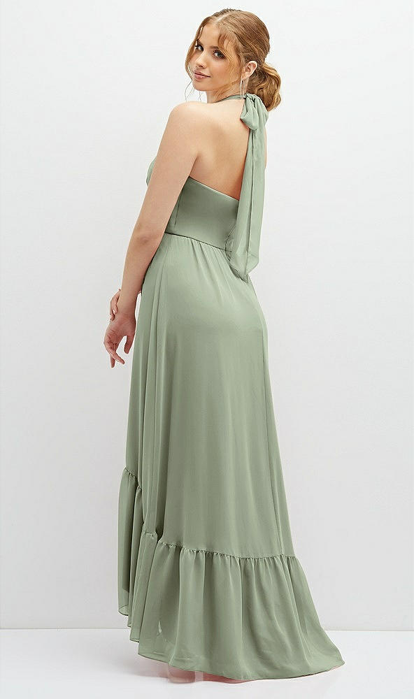 Back View - Sage Chiffon Halter High-Low Dress with Deep Ruffle Hem