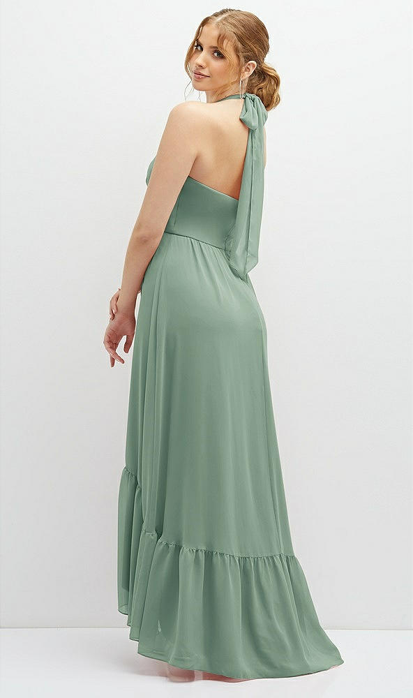 Back View - Seagrass Chiffon Halter High-Low Dress with Deep Ruffle Hem