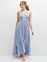 Front View Thumbnail - Sky Blue Chiffon Halter High-Low Dress with Deep Ruffle Hem