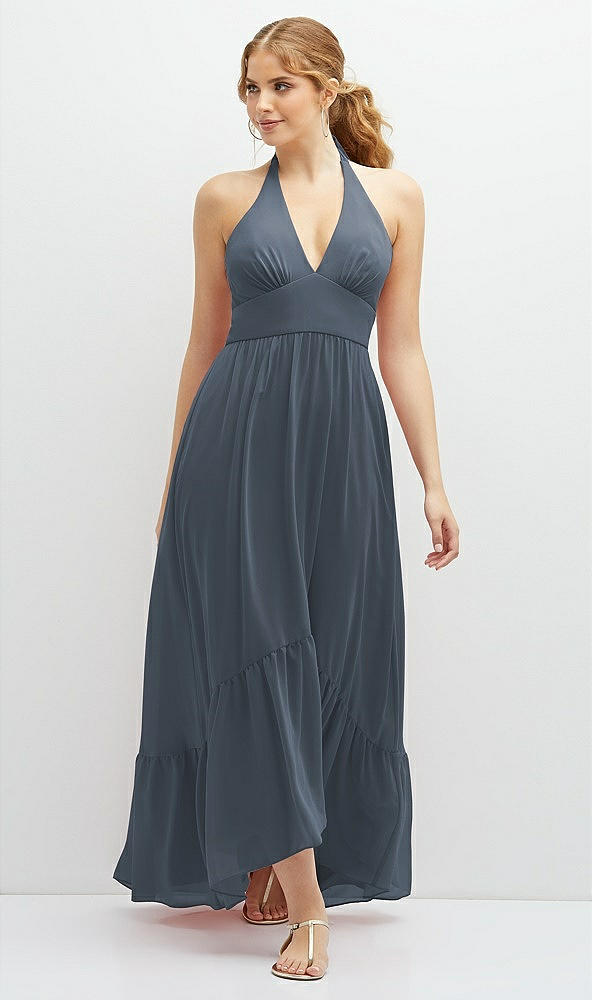 Front View - Silverstone Chiffon Halter High-Low Dress with Deep Ruffle Hem