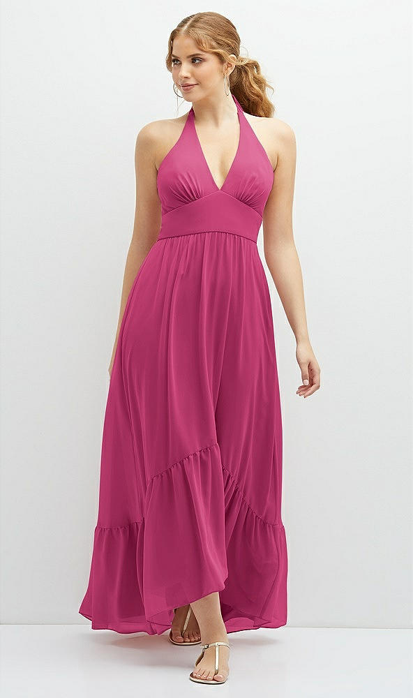 Front View - Tea Rose Chiffon Halter High-Low Dress with Deep Ruffle Hem