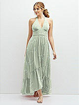 Front View Thumbnail - Vintage Primrose Sage Chiffon Halter High-Low Dress with Deep Ruffle Hem