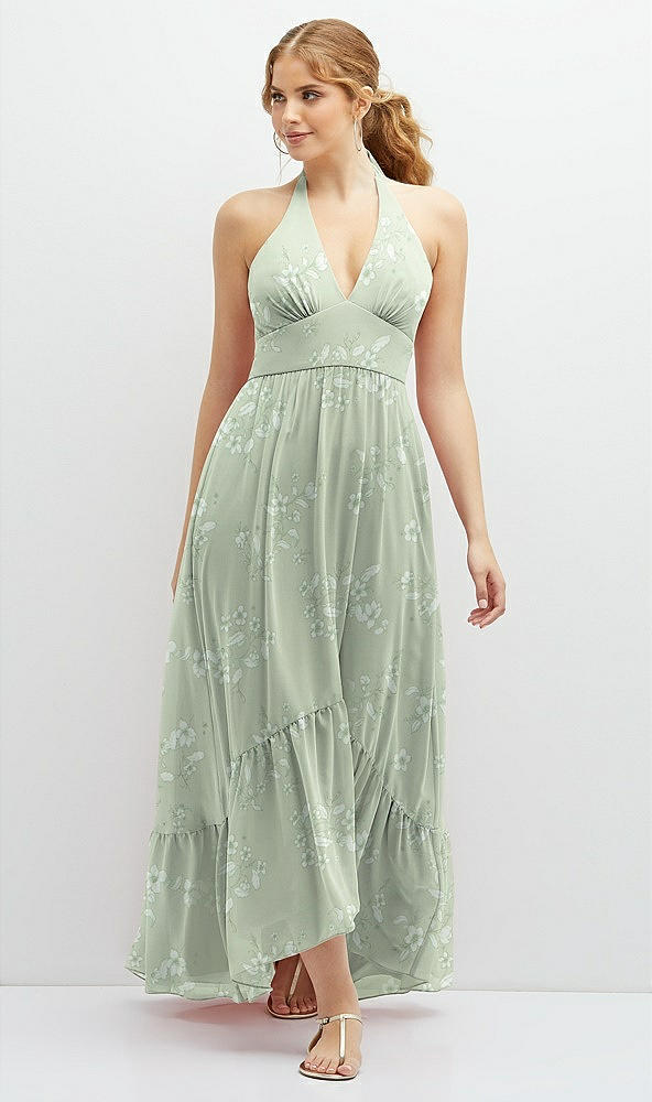 Front View - Vintage Primrose Sage Chiffon Halter High-Low Dress with Deep Ruffle Hem