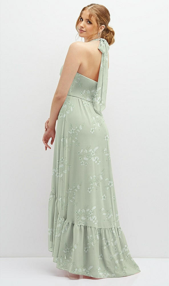 Back View - Vintage Primrose Sage Chiffon Halter High-Low Dress with Deep Ruffle Hem