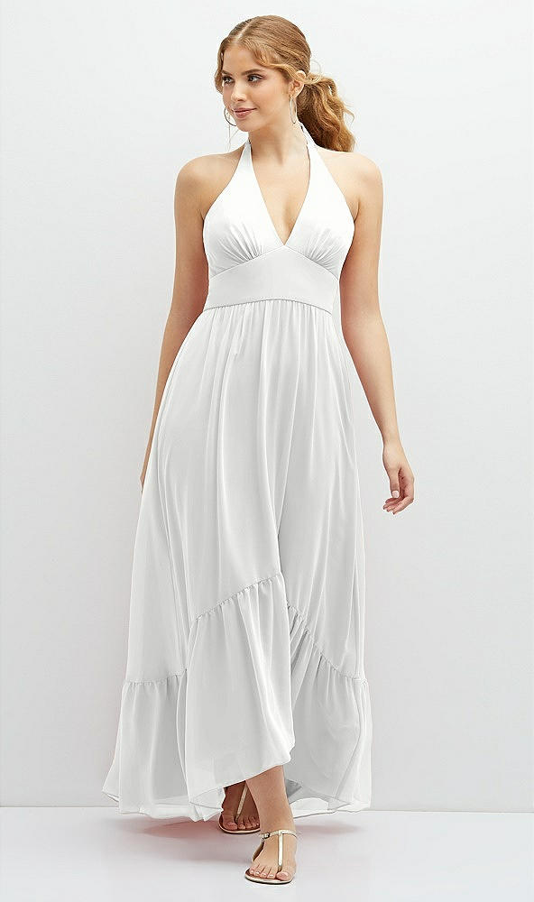 Front View - White Chiffon Halter High-Low Dress with Deep Ruffle Hem