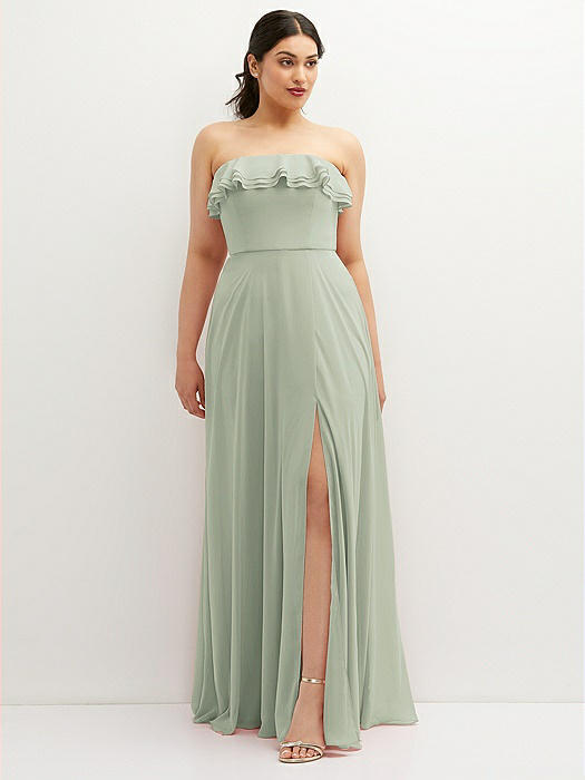 Tiered Ruffle Neck Strapless Maxi Dress with Front Slit