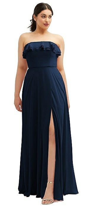 Tiered Ruffle Neck Strapless Maxi Dress with Front Slit