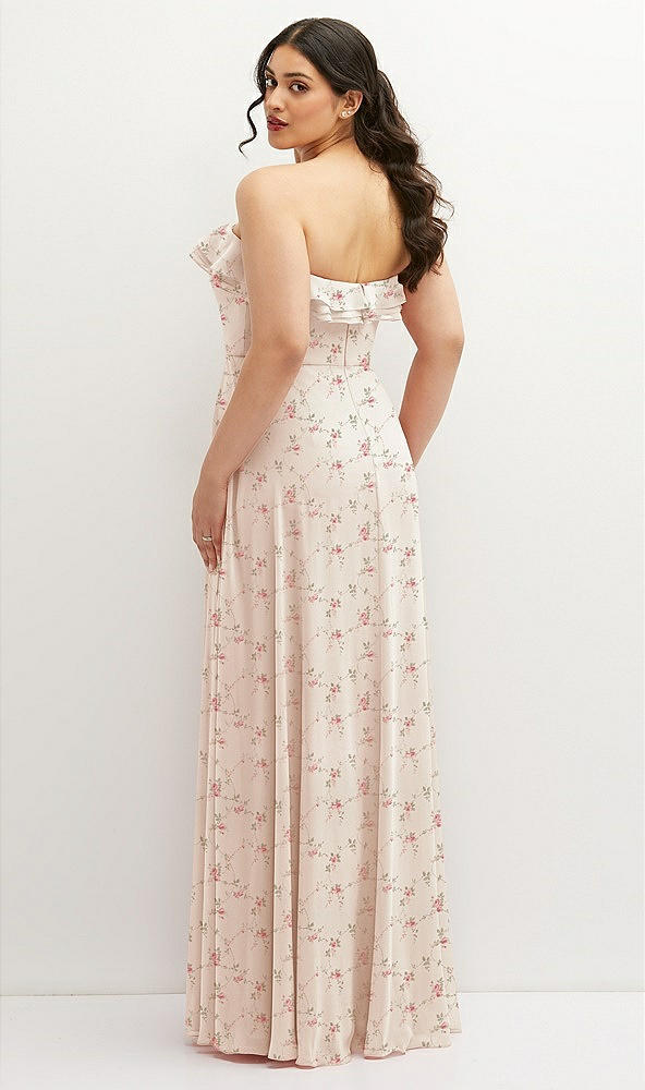 Back View - Coquette Floral Print Tiered Ruffle Neck Strapless Maxi Dress with Front Slit