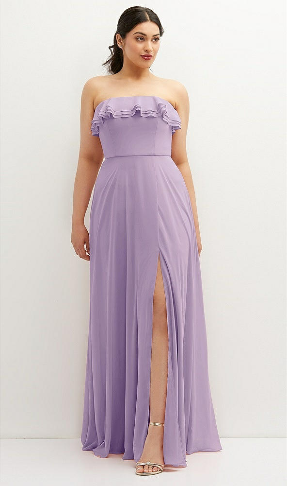 Front View - Pale Purple Tiered Ruffle Neck Strapless Maxi Dress with Front Slit