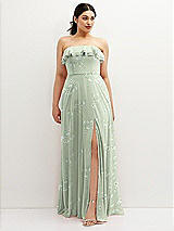 Front View Thumbnail - Vintage Primrose Sage Tiered Ruffle Neck Strapless Maxi Dress with Front Slit