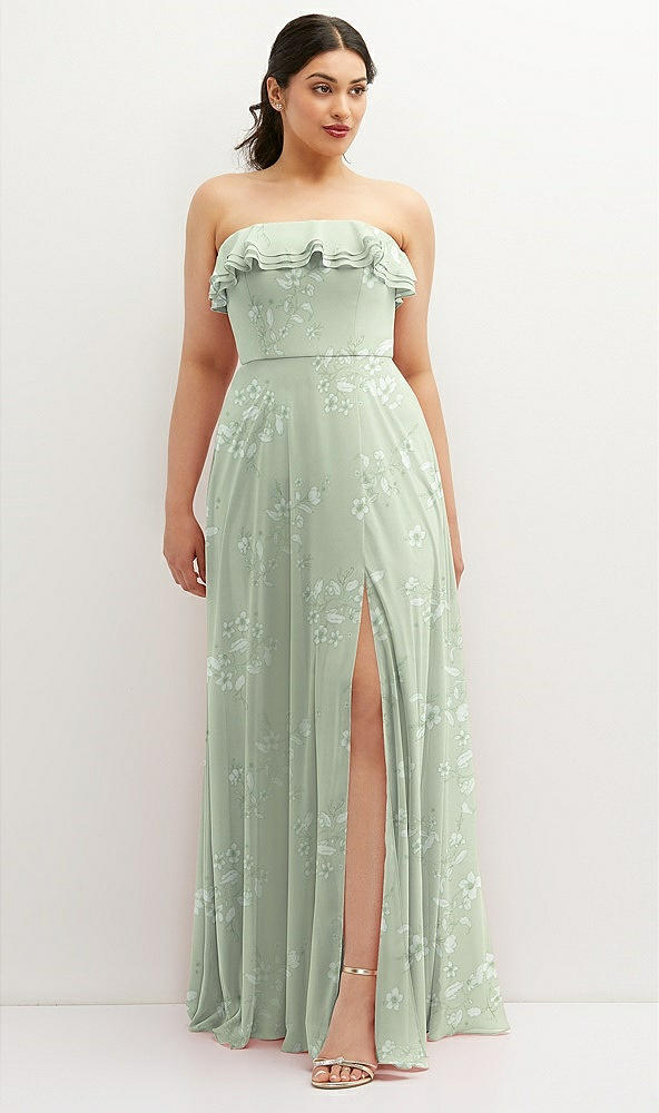 Front View - Vintage Primrose Sage Tiered Ruffle Neck Strapless Maxi Dress with Front Slit