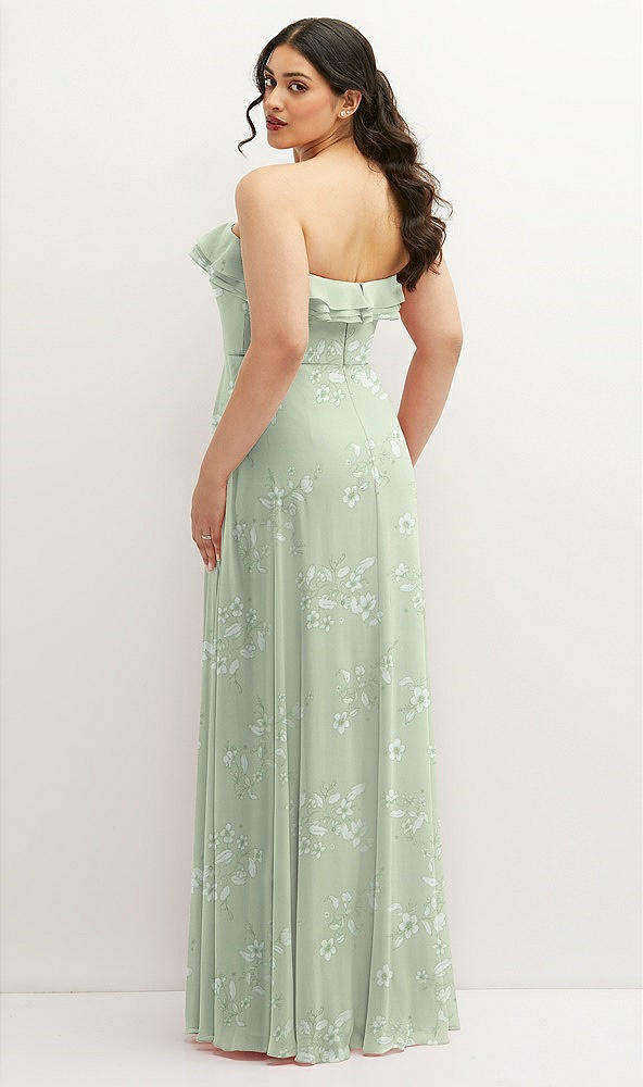 Back View - Vintage Primrose Sage Tiered Ruffle Neck Strapless Maxi Dress with Front Slit