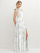 Side View Thumbnail - Bleu Garden Handworked Flower Trimmed One-Shoulder Chiffon Maxi Dress