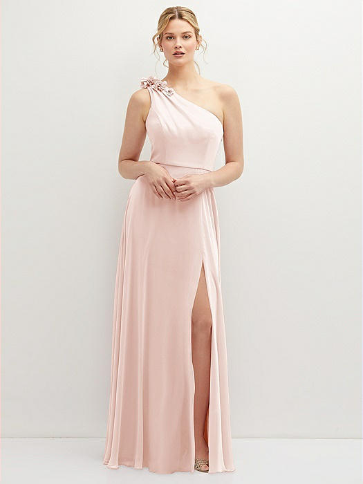 Handworked Flower Trimmed One-Shoulder Chiffon Maxi Dress