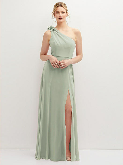 Handworked Flower Trimmed One-Shoulder Chiffon Maxi Dress