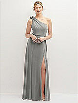 Front View Thumbnail - Chelsea Gray Handworked Flower Trimmed One-Shoulder Chiffon Maxi Dress