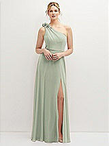 Front View Thumbnail - Celadon Handworked Flower Trimmed One-Shoulder Chiffon Maxi Dress