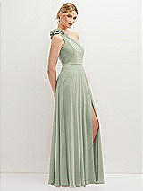 Side View Thumbnail - Celadon Handworked Flower Trimmed One-Shoulder Chiffon Maxi Dress