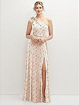 Front View Thumbnail - Coquette Floral Print Handworked Flower Trimmed One-Shoulder Chiffon Maxi Dress