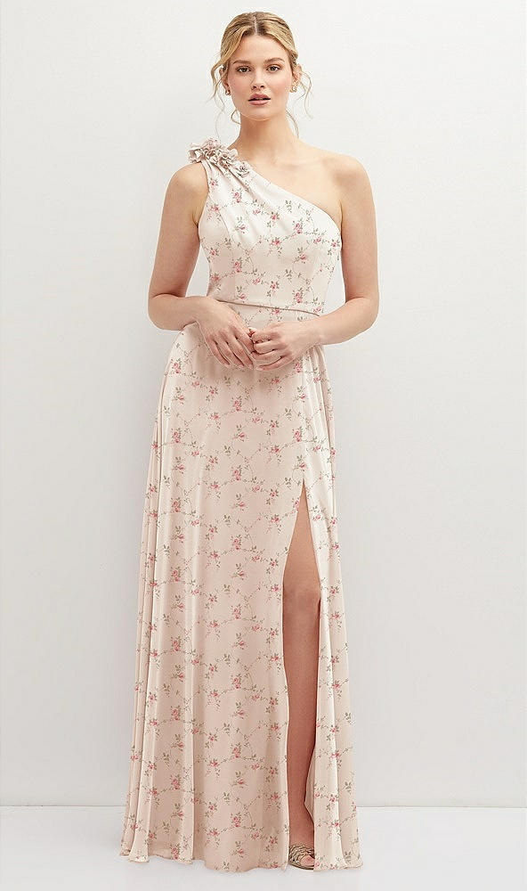 Front View - Coquette Floral Print Handworked Flower Trimmed One-Shoulder Chiffon Maxi Dress