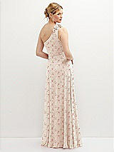 Rear View Thumbnail - Coquette Floral Print Handworked Flower Trimmed One-Shoulder Chiffon Maxi Dress