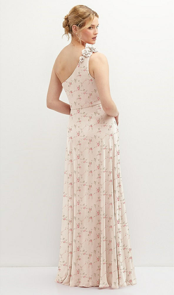 Back View - Coquette Floral Print Handworked Flower Trimmed One-Shoulder Chiffon Maxi Dress