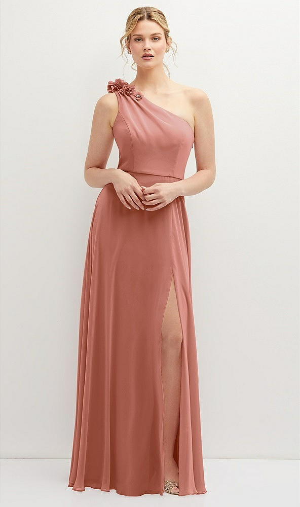 Front View - Desert Rose Handworked Flower Trimmed One-Shoulder Chiffon Maxi Dress