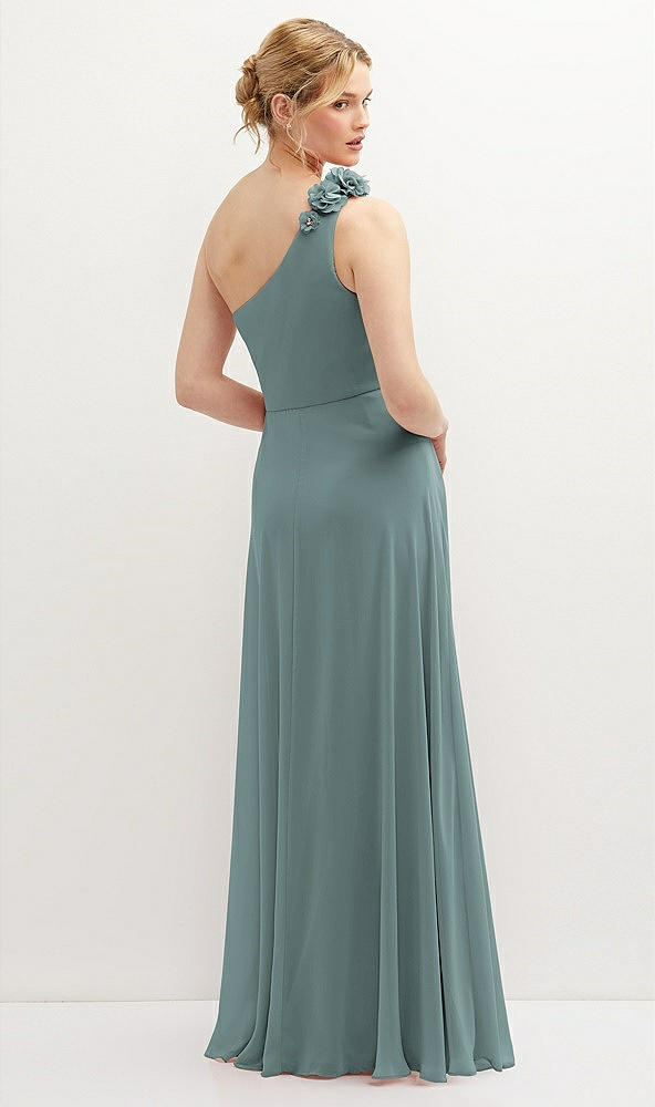 Back View - Icelandic Handworked Flower Trimmed One-Shoulder Chiffon Maxi Dress