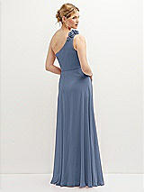 Rear View Thumbnail - Larkspur Blue Handworked Flower Trimmed One-Shoulder Chiffon Maxi Dress