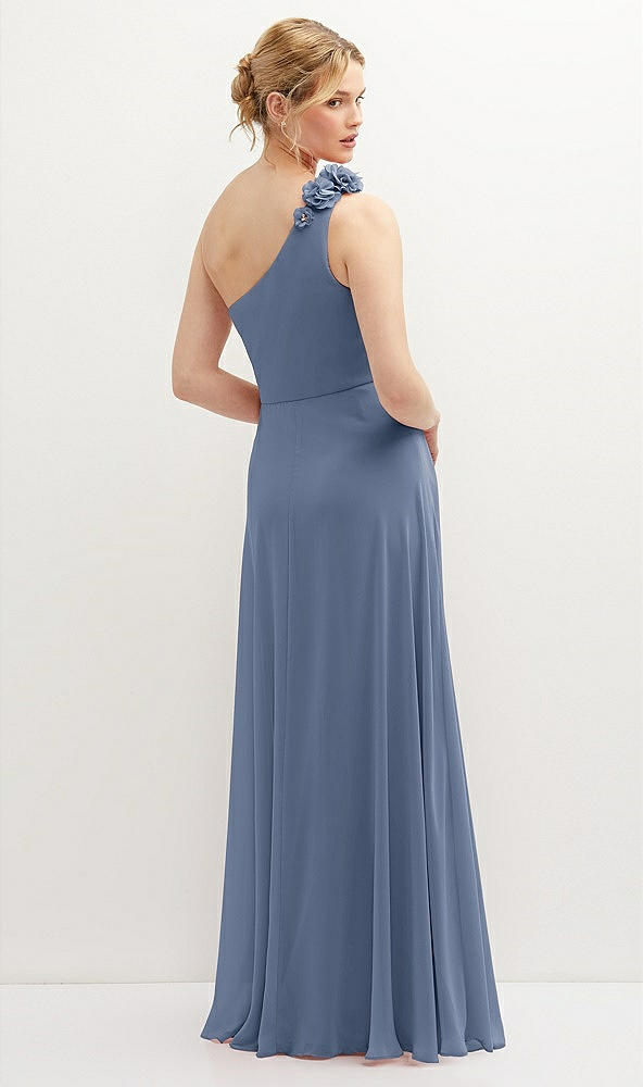 Back View - Larkspur Blue Handworked Flower Trimmed One-Shoulder Chiffon Maxi Dress