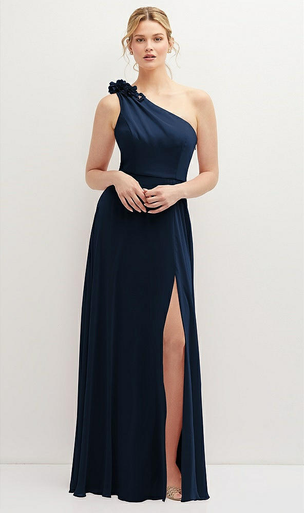 Front View - Midnight Navy Handworked Flower Trimmed One-Shoulder Chiffon Maxi Dress