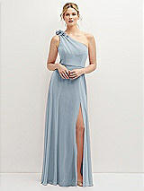 Front View Thumbnail - Mist Handworked Flower Trimmed One-Shoulder Chiffon Maxi Dress