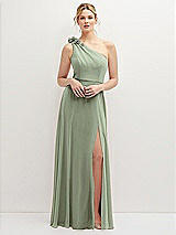 Front View Thumbnail - Sage Handworked Flower Trimmed One-Shoulder Chiffon Maxi Dress