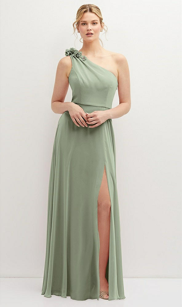 Front View - Sage Handworked Flower Trimmed One-Shoulder Chiffon Maxi Dress