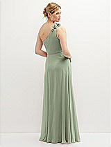 Rear View Thumbnail - Sage Handworked Flower Trimmed One-Shoulder Chiffon Maxi Dress