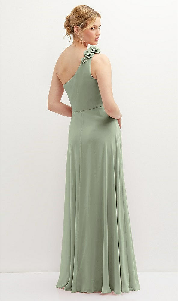 Back View - Sage Handworked Flower Trimmed One-Shoulder Chiffon Maxi Dress